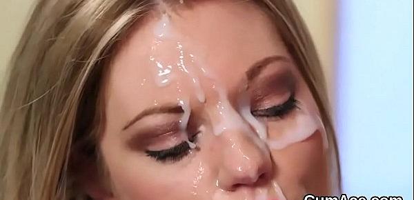  Wicked babe gets cumshot on her face swallowing all the sperm